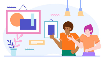 Two friends in a modern gallery admire abstract art. Suitable for promotions, art related content, social media posts, and editorial pieces.