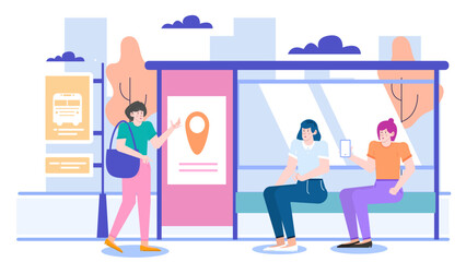 Three women at city bus stop, looking at mobile phones. Suitable for transportation, urban lifestyle, city commute, technology concepts.