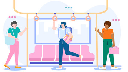 Three people riding a public transit vehicle. Suitable for transportation and urban lifestyle concepts in marketing and advertising materials.