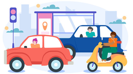 Cars, scooters, and people commuting in a bustling city, depicting urban transportation and city life. Suitable for transportation or city related content.