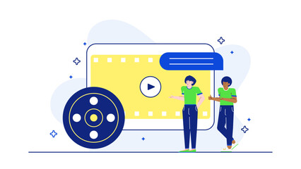 Two people near a video player and film reel. Suitable for movie reviews, filmmaking tutorials, and entertainment industry presentations.