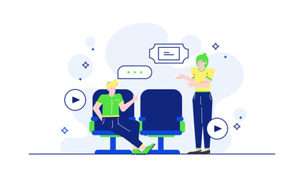 Two people selecting movie seats with a ticket. Ideal for cinema promotions, event planning, theater advertisements, or social outings.