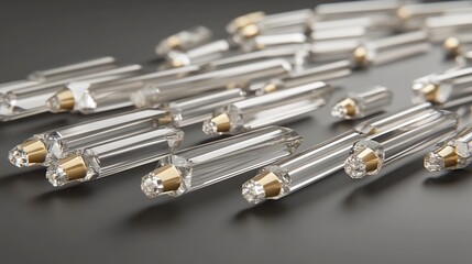 Scattered crystal rods, gold accents, dark background, luxury product
