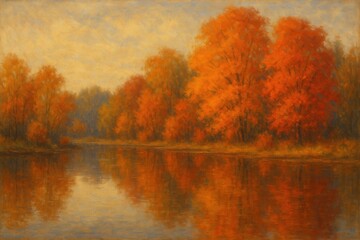 Obraz premium Watercolor autumn forest painting with golden maple trees reflecting in tranquil mirror lake