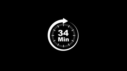 Animation video timer icon with 34 min. The 34 minutes, stopwatch icon. Stopwatch icon in flat style. 34 minute timer symbol, isolated on transparent background with alpha channel.