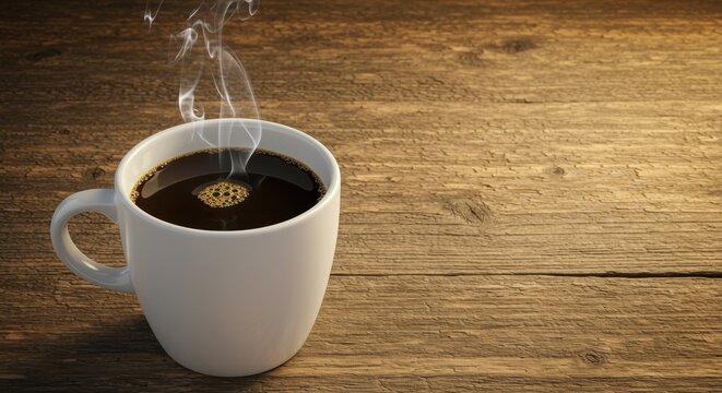 Aromatic Coffee Steam Rising from a Mug on Rustic Wood