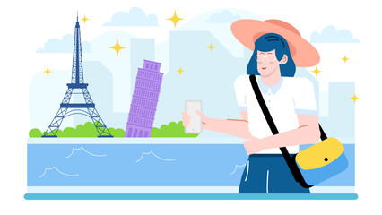 Tourist captures a memorable moment with Eiffel Tower and Leaning Tower of Pisa. Perfect for travel brochures, social media, and blog posts.