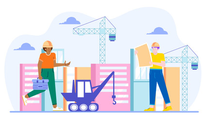 Two construction workers reviewing blueprints at a construction site. Suitable for construction industry websites, brochures, and presentations.
