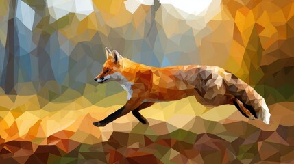 Low-poly fox in autumnal forest.