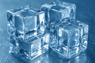 Crystal-clear ice cubes with perfect geometric shapes and pristine transparency creating refreshing textural background