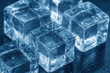 Crystal-clear ice cubes with perfect geometric shapes and pristine transparency creating refreshing textural background