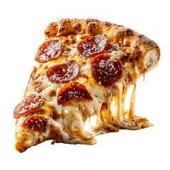 Pepperoni Pizza Slice with Dripping Cheese and Golden Crust Detail.