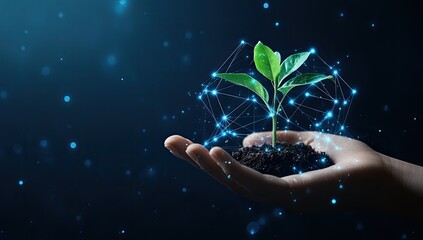 Hand holding a small plant, digitally enhanced with a network of glowing lines