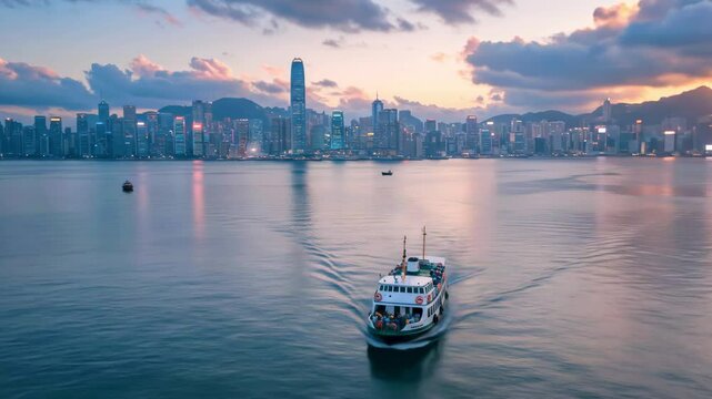 Scenic view of a ferry navigating the waters of Hong Kong at sunset, with a vibrant skyline backdrop