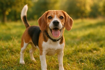 Joyful beagle dog playing happily in meadow with pure contentment and natural canine behavior in outdoor setting