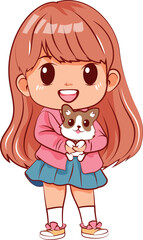 cute chibi girl holding small dog