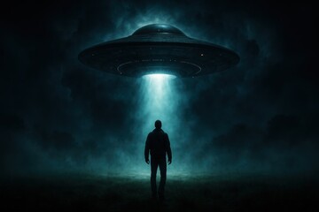 Mysterious UFO sighting scene featuring silhouetted figure observing alien spacecraft against dramatic night sky with atmospheric lighting