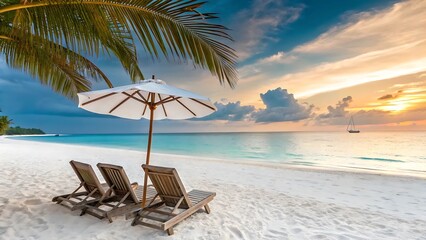 Obraz premium Idyllic tropical beach with lounge chairs and umbrella at sunset with sailboat