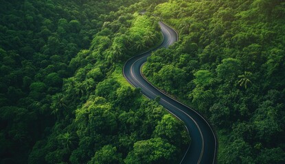 Winding road through lush green forest