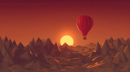 Fototapeta premium Hot air balloon floats above a low-poly landscape at sunrise.