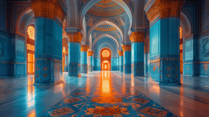 Obraz premium Sunlit blue and gold Islamic hall with ornate pillars. Majestic mosque interior bathed in warm light. Ideal for cultural, architectural, and religious-themed visuals.