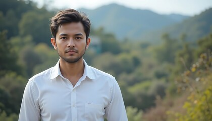 Young Man with Nature Background looking at the Camera with Confidence