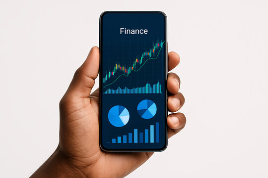 Financial analysis on smartphone screen with data charts and infographics