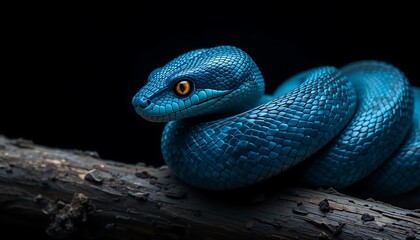 Fototapeta premium A Captivating Azure Viper Serpentine Beauty Coiled on the Branch