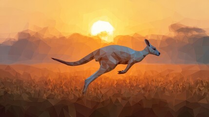 Low-poly kangaroo leaping at sunrise.