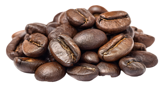 Roasted brown coffee beans heaped on a white background, isolated and ready for your morning drink