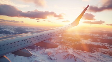 Aerial view of snow-capped mountains at sunset seen from an airplane wing.