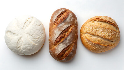 Freshly baked bread loafs sourdough and sesame artisan bread on white background food photography