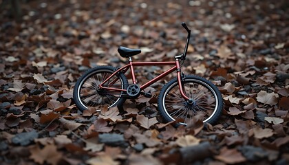 A Red BMX Bicycle Resting on a Bed of Autumn Leaves