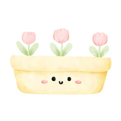 Illustration of Tulips in a Kawaii Flowerpot