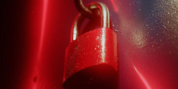 Red padlock hanging on a metallic surface securing important data