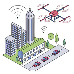 Naklejka premium AI-powered drone flying over smart city