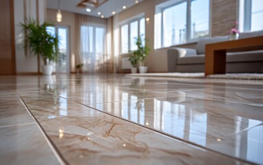 Modern beige living room with polished tile floor