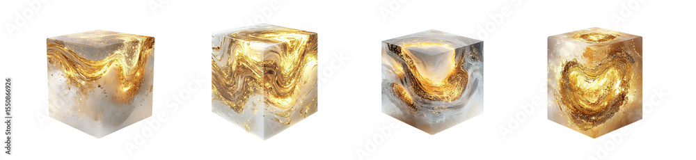 Fototapete set of abstract cube-shaped forms with intricate patterns. isolated on transparent background