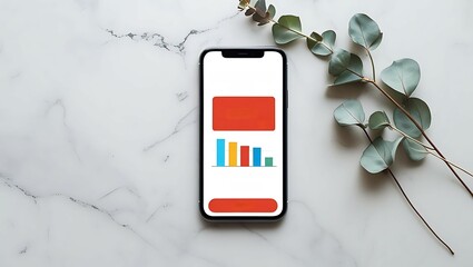 Consumer Spending Trends, a smartphone displaying a colorful bar chart of gift-card balance on a clean marble surface, complemented by a eucalyptus sprig for an eco-friendly vibe.