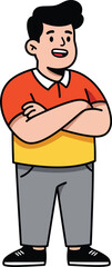 Obraz premium Confident cartoon man standing with arms crossed wearing orange and yellow shirt and gray pants in casual style 