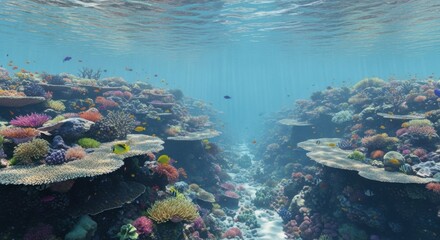 Vibrant underwater coral reef teeming with diverse marine life showcasing an aquatic ecosystem in clear blue ocean waters