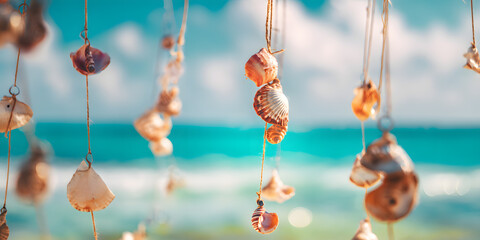 Seashell Mobile Ocean View: A charming seashell mobile hangs gently against a vibrant ocean backdrop. The shells, strung on twine, create a delicate and summery scene.