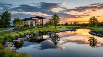 Obraz premium Modern clubhouse by tranquil pond at sunset