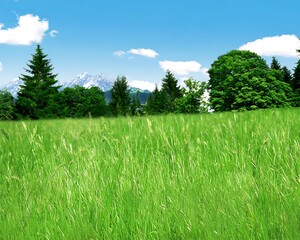 Alpine meadow landscape with mountain backdrop