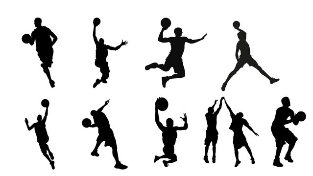 Set of black vector silhouettes of people playing various basketball sports 