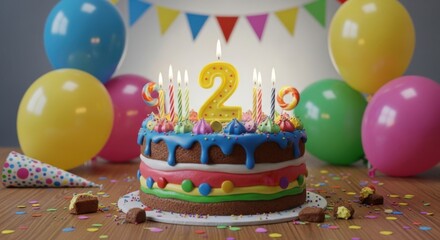 Happy Second Birthday Celebration with Colorful Cake Balloons and Festive Decorations for a Child