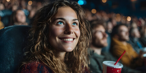 Moviegoer's Delight: Capturing a moment of pure joy as a woman watches a film, her face radiating happiness. The dimmed lights of the theater enhance the immersive experience.