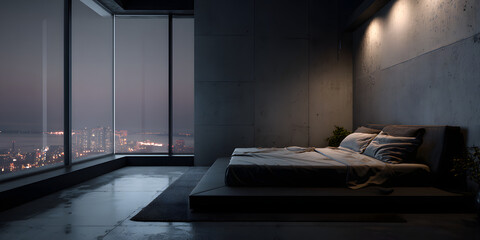 Serene Bedroom with City View: A modern bedroom showcases a minimalist design with a large window offering a captivating city skyline vista. The room exudes tranquility.