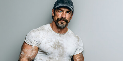 Confident Artisan: Portrait of a strong, weathered individual, exuding confidence and experience against a clean backdrop, embodying the spirit of a craftsman or manual worker.