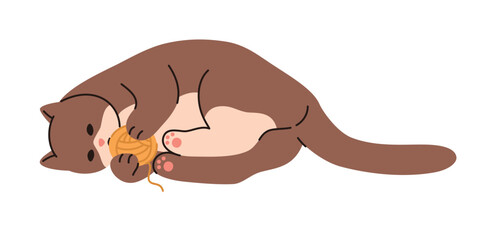 Cute domestic cat playing with a ball of thread. Flat vector illustration.
